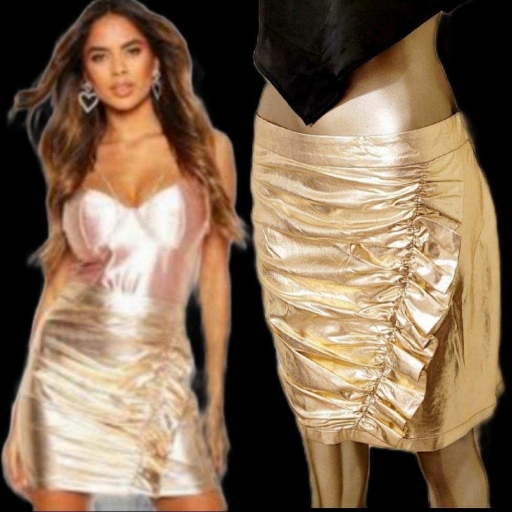 NWT Sexy Gold Metallic Side Ruched Ruffle Party Mini Skirt Sz 10